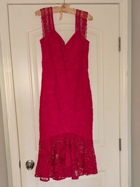 Guess Dark Pink Lace Midi Dress with Crochet Straps
